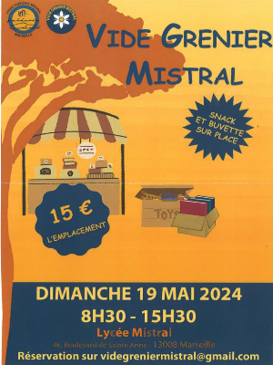 Vide-grenier

Foires, salons, marchés Vide-greniers Antiquité Vide greniers

Dimanche 19 mai 2024 de 8h30 à 15h30.

Lycée Mistral